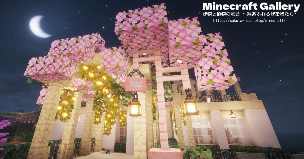 【マイクラ建築】図書館&水族館 入口(シェーダーあり・夜)
